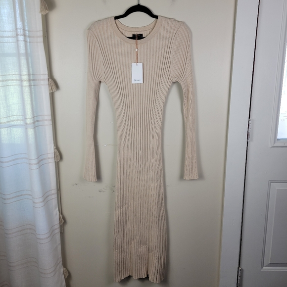 Quince Heather Oatmeal Cotton Cashmere Ribbed Long Sleeve Crew Midi Dress - Picture 4 of 9